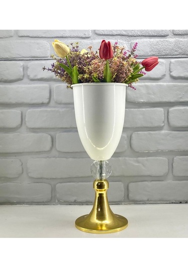 Modern Dekoratif Gold Yüksek Ayaklı Kristal Taşlı Beyaz Vazo Altın - Beyaz