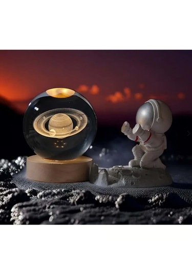 Mobgift Satürn Temalı Geniş Gezegen Ahşap Alt Usb'li Cam Küre Şeffaf