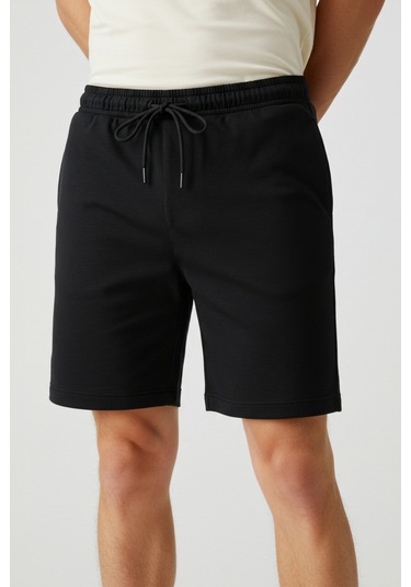 Erkek Yüksek Kalite Relax-fit Rahat Kesim %100 Pamuk Bağcıklı Siyah Düz Basic Şort Siyah