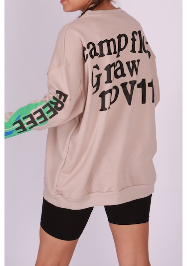 Madmext Mad Girls Bej Baskılı Oversize Sweatshirt Mg1206