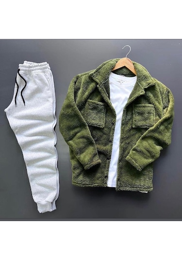 Unisex Haki Peluş Polar Hırka Gömlek Gri Eşofman Altı Takım Haki