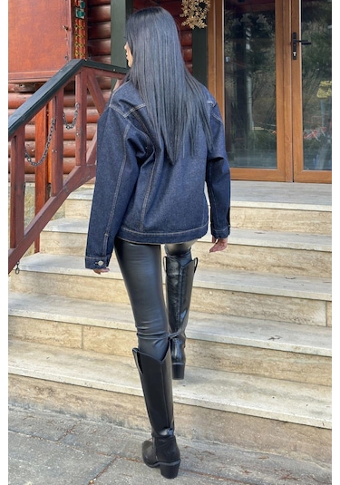 Lacivert Denim Color, Apaş Yaka, Çift Cepli, Kaliteli Jeans Kumaş, Salaş Kot Ceket Lacivert