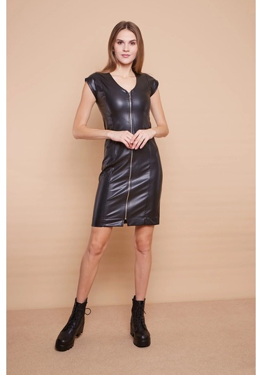 Ekolojik Suni Deri V Yaka Düşük Omuzlu Önü Fermuarlı Elbise -siyah Siyah