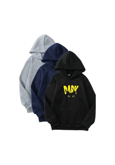 3'lü Kapüşonlu Sweatshirt Seti- Dark Kedi Baskılı- Siyah, Lacivert, Gri - Kışlık Şardonlu Kumaş Siyah-lacivert-gri