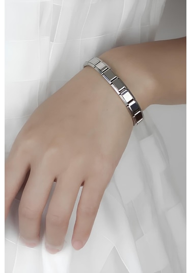 Takı Dükkanı Kişiye Özel İsim Yazılı İtalyan Charm 21cm Çelik Bileklik Scb62 Beyaz