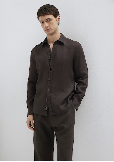 Mavi - Kahverengi Keten Karışımlı Gömlek 0211466-70219