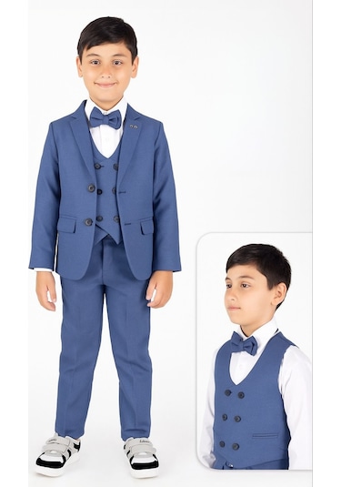 Erkek Çocuk Mavi Yelekli Takım Elbise 5 Li Set Ceket, Yelek, Pantolon, Gömlek Ve Papyon Özel Gün Mavi Erkek Çocuk Mavi Yelekli Takım Elbise 5 Li Set Ceket, Yelek, Pantolon, Gömlek Ve Papyon Özel Gün Mavi