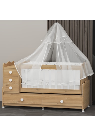 Garaj Home Melina Mdf Çıtalı Beşik + Yatak + Uyku Seti - Meşe Beyaz