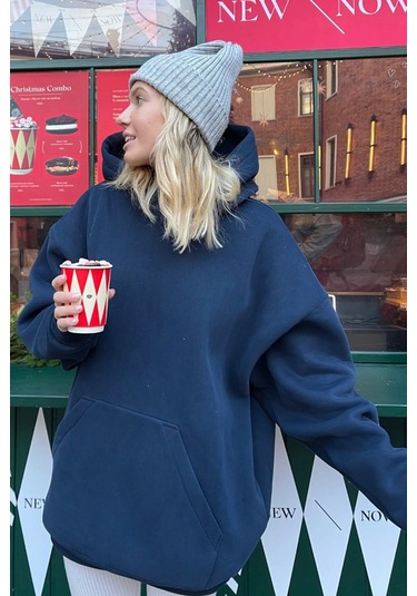 Madmext Lacivert Kapüşonlu Şardonlu Oversize Sweatshirt Mg1566 Lacivert