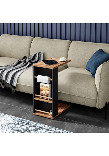 İntergo Tekerlekli Yan Sehpa Rulo Havlu Takılabilir Koltuk Sehpası C Sehpa Zigon Sehpa Atlantik Çam - Antrasit