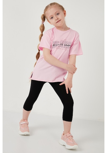 Lela Pamuklu Bisiklet Yaka Kısa Kollu Taytlı Alt-Üst Kız Çocuk Takım 6212007 Pembe