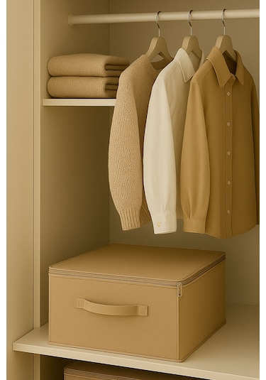Destekli Hurç Büyük Boy Bej Renk Fermuarlı Katlanabilir Saklama Ve Düzenleme Kutusu Bej