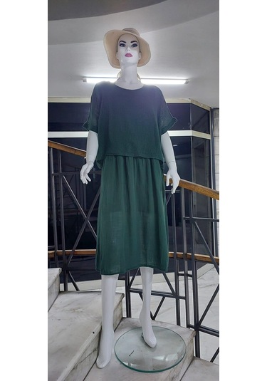 İtalyan Müslin Keteni Üstü File Bluzlu Astarlı Tek Parça Elbise Zümrüt Yeşili