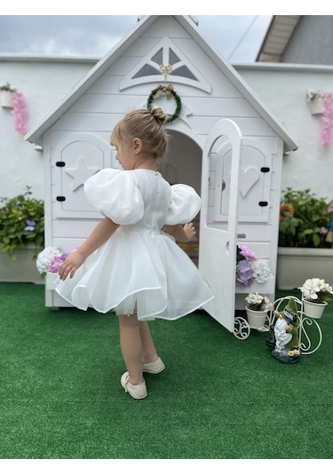 Rose- Ekru Şifon Kısa Kollu Kız Çocuk Elbisesi Ekru