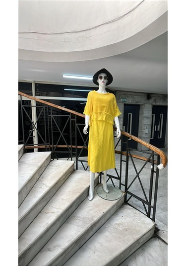 İtalyan Saçak Detaylı Müslin Keteni Yırtmaçlı Elbise - Bluz & 2'li Takım-9905 Sarı