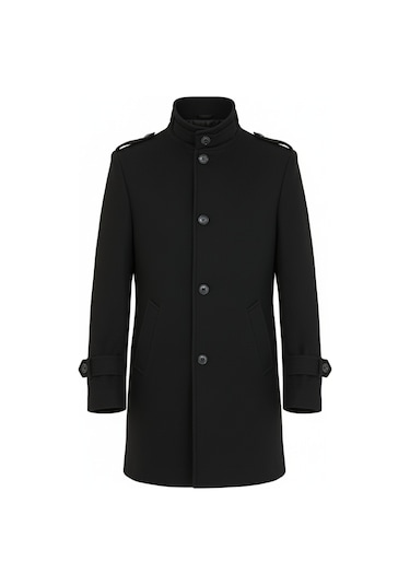 Erkek Siyah Dar Kesim Dik Yaka Uzun Kaşe Kaban-Siyah