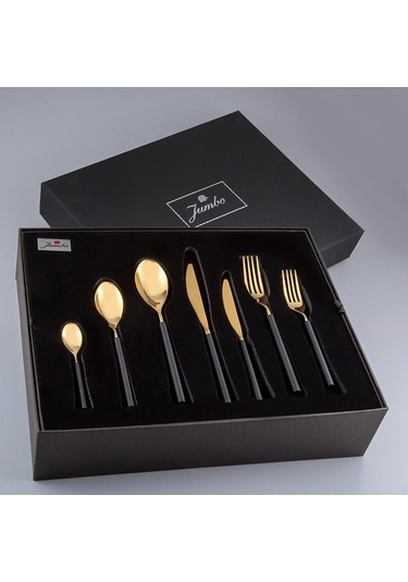 Jumbo 6000 Roller Siyah Titanyum Gold 84 Parça 12 Kişilik Çatal Kaşık Bıçak Seti Siyah Titanyum Gold Altın - Siyah - Titanyum