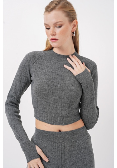 Bigdart 15905 Kadın Crop Kazak Pantolon Triko Alt Üst Takım - Füme