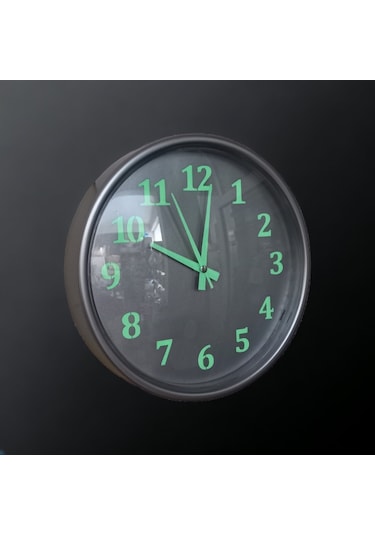 Fosforlu Gece Parlayan Gümüş Salon Mutfak Ofis Duvar Saati 28 Cm Gümüş