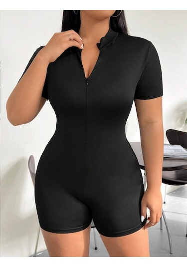 Munn Collection Kadın Kısa Kollu Önü Fermuarlı Bodycon Dalgıç Tulum Siyah