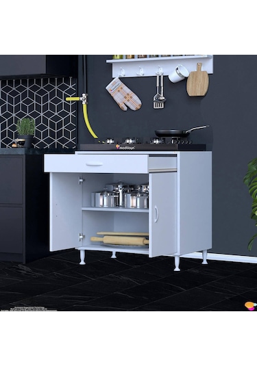 Modilayn Qplas Xxxl Set Ocak Altı Dolap 80x88x48 Cm Çekmeceli, Kapaklı 2 Göz Raf Bölmeli Beyaz