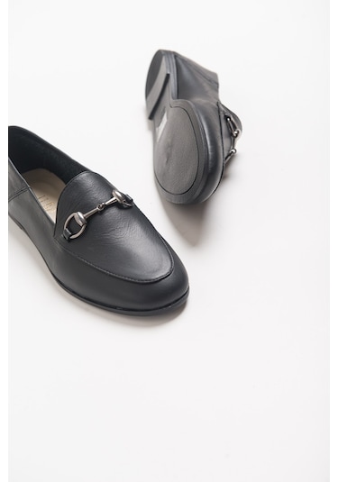 Luvishoes F03 Hakiki Deri Kadın Loafer Ayakkabı Siyah Cilt Siyah