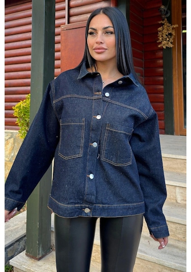 Lacivert Denim Color, Apaş Yaka, Çift Cepli, Kaliteli Jeans Kumaş, Salaş Kot Ceket Lacivert