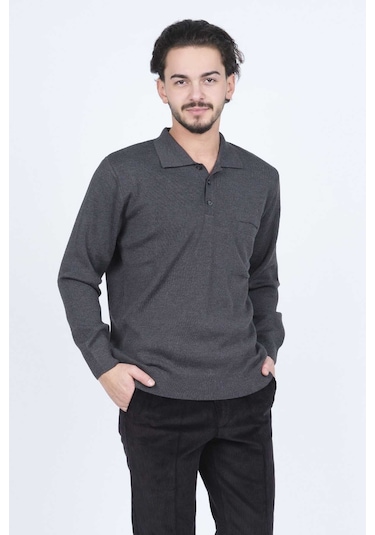 Ateş Triko Erkek Polo Yaka Düğmeli Yün Kazak 6091023 Koyu Gri Koyu Gri