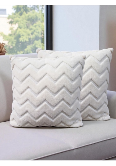 İskandinav Stil Peluş Yumuşak Dokulu Dekoratif Kırlent Kılıfı 2 Li Set 43x43 Cm Krem Zigzag