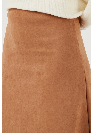 Lela Streç Regular Fit Yüksek Bel Midi Boy Süet Çan Bayan Etek 5866180 Vizon