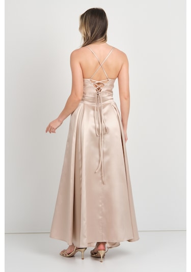 Doridorca Kadın İp Askılı Sırttan Bağlamalı Tafta Kumaş Abiye Elbise 7078 Bej Bej