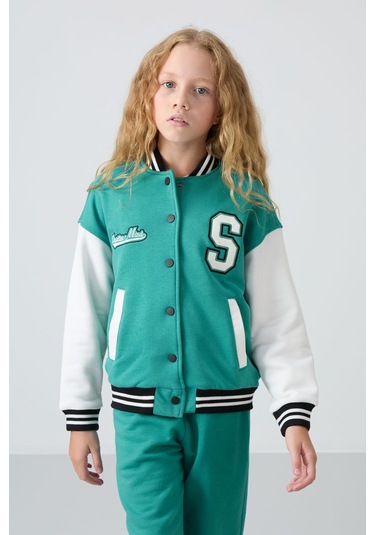 Tommy Life Deniz Yeşil Pamuklu İçi Tüylü Yumuşak Dokulu Standart Fit Nakışlı Kız Çocuk Kolej Ceket - 75163 Yeşil