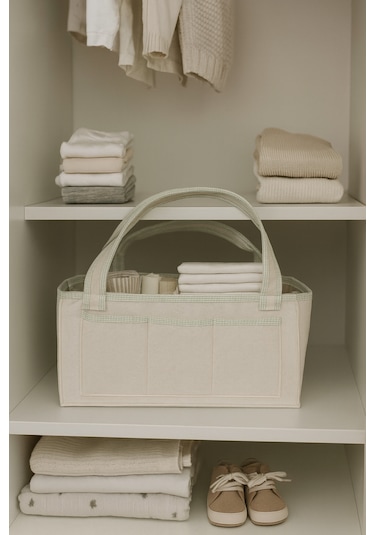 Anne Bebek Kalın Keçe Bakım Çantası Yenidoğan Için Organizer Düzenleyici Çok Amaçlı Krem Yeşil Overlok Detay