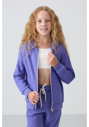 Tommy Life Eflatun Pamuklu İçi Tüylü Yumuşak Dokulu Standart Fit Nakışlı Kız Çocuk Eşofman Takım - 75148 Eflatun