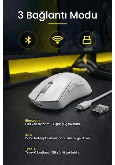 Gaming Kablosuz Mouse Beyaz 63g Ultra Hafif 2.4g, Bluetooth, Type-c, 12800 Dpı Şarjlı Ergonomik Makrolu Tasarım Diğer