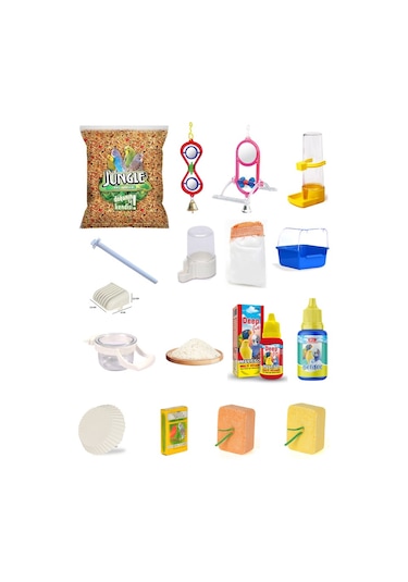 Purecanpati Jungle Muhabbet Kuş Kafes Seti Yem+vitamin+gaga Taşı+