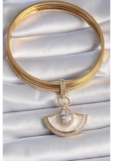 Pirinç Gold Renk Zirkon Taş Detaylı Beyaz Mineli Ajda Charm Çok Renkli