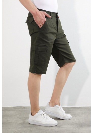 Erkek Lacivert Renk Kargo Yandan Cepli Esnek Kumaş Slim Fit Kapri Şort Haki