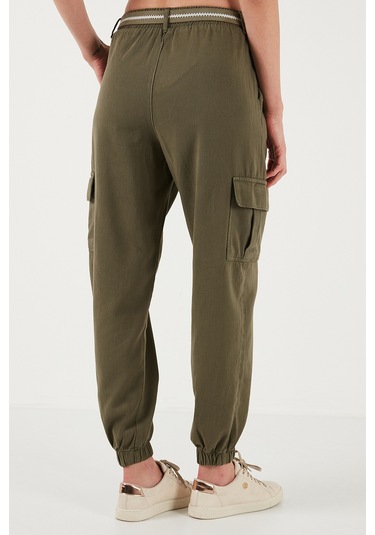 Lela Pamuklu Standart Fit Normal Bel Lastikli Paça Kemerli Jogger Bayan Pantolon 668Yp5045 Haki