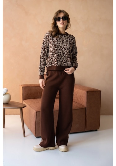 Kadın Geniş Yaka Desenli Kazak Pantolon İkili Triko Takım Kahve
