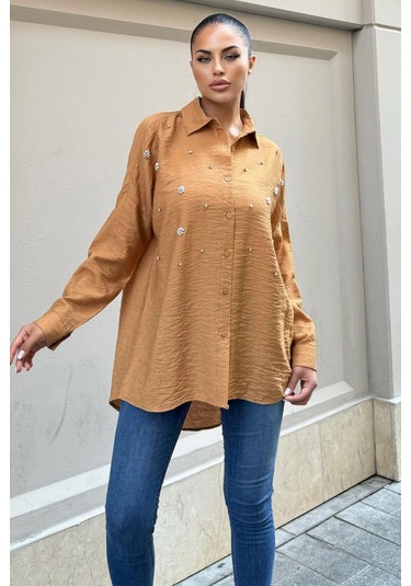 Taş Kahve Keten Taşlı Klasik Gömlek Karamel