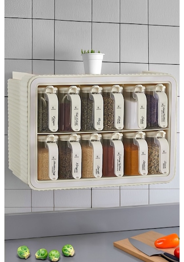 Kitchen Life 12'li Bej Standlı Kendinden Yapışkanlı Kaşıklı Standlı Baharatlık Takımı - Kapak Etiketli Baharatlık Bej