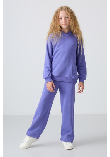 Tommy Life Eflatun Pamuklu İçi Tüylü Yumuşak Dokulu Standart Fit Nakışlı Kız Çocuk Eşofman Takım - 75162 Eflatun