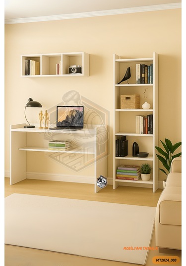 Tamamı Mdf Kitaplıklı Duvar Raflı Çalışma Odası Seti