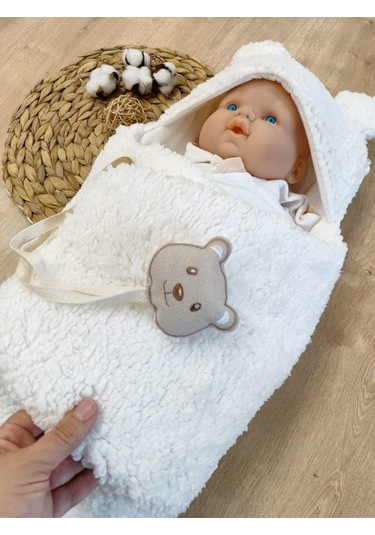 Bebek Dış Kundak Battaniyesi Pelüş Ayaklı Welsoft Uyku Tulumu Kışlık Mont Yenidoğan 0-12 Ay Ecru Ekru