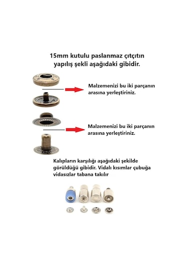 75 adet 15mm Kutulu Paslanmaz Çıtçıt Yapım Seti - Aparatlar, Biz