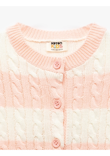 Koton Düğme Detaylı Yuvarlak Yaka Uzun Kollu Triko Hırka Pınk Strıpe 5skg90051ht Pembe Çizgili Pembe