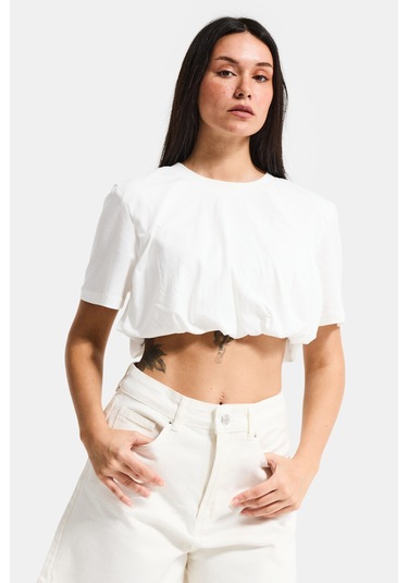 Itsbasic Kadın Kırık Beyaz S6-101 Crop Balon Fit T-shirt