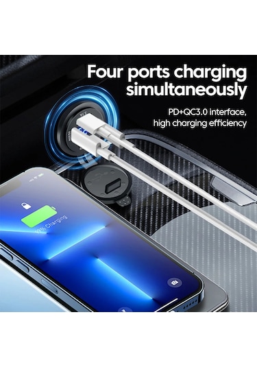 120 W Modifiye Araç Şarj Cihazı Hızlı Şarj Gerilimi Göstergesi 4 Port Usb Tip C Black Black