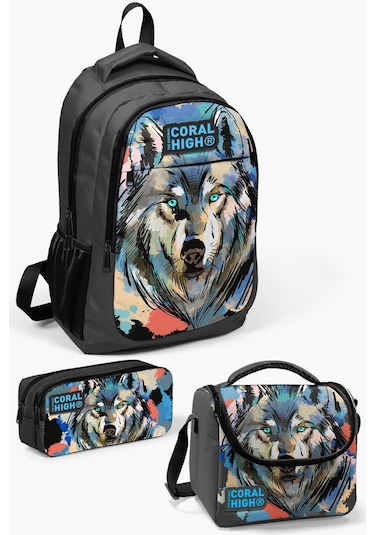 Coral High Kids Gri Siyah Kurt Desenli 3 Lü Okul Çanta Seti Set0114404